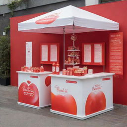 Romantic Valentine's Day themed promotional stands in vibrant shades of red, orange, and white, offering a healthy array of food and smoothies