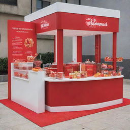 Romantic Valentine's Day themed promotional stands in vibrant shades of red, orange, and white, offering a healthy array of food and smoothies