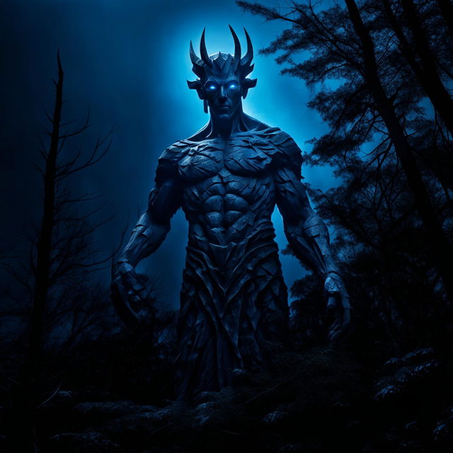 Zoom in on the emotionally poignant, blue-glowing statue. Its detailed features are highly pronounced as it towers over the dark, dense forest.