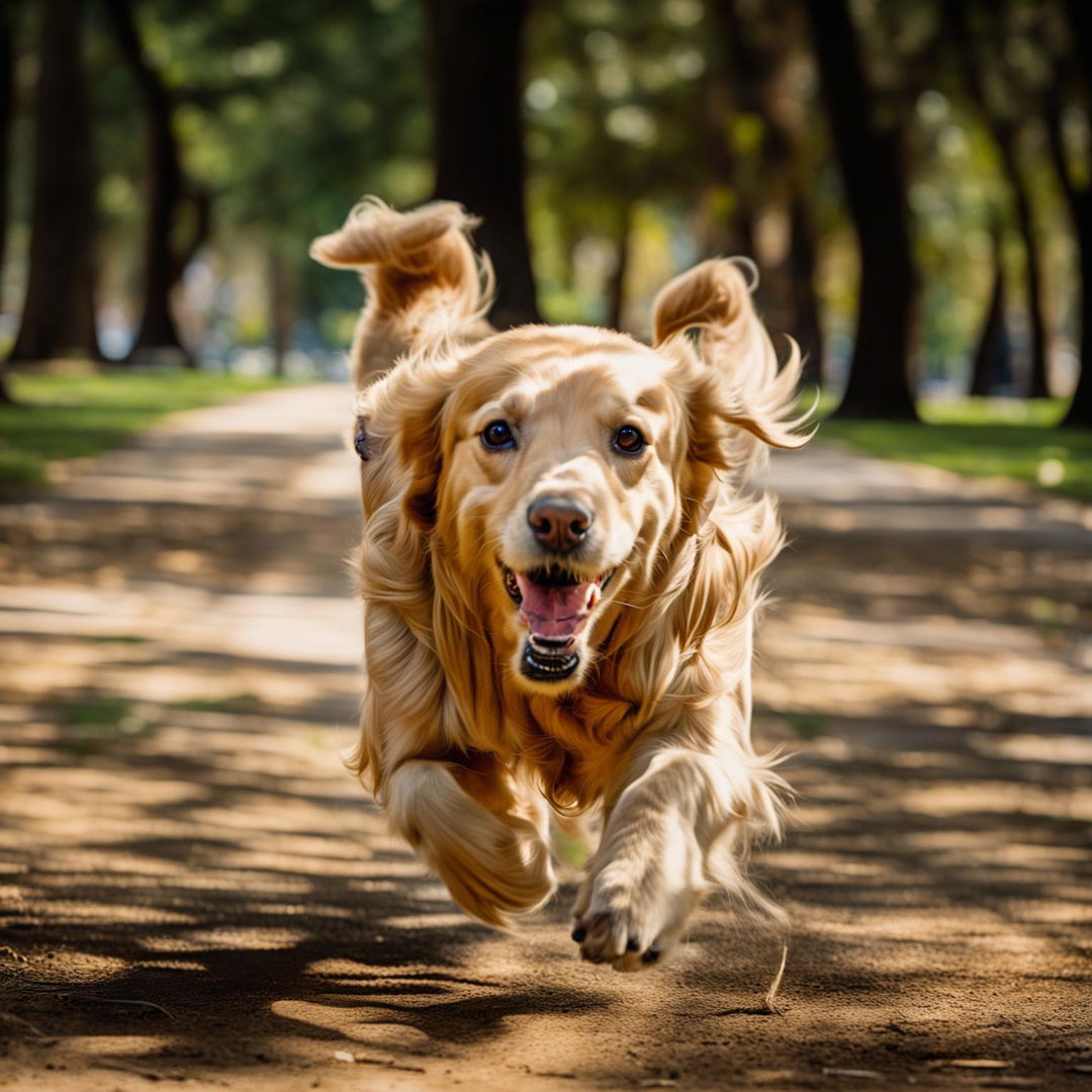 A joyful golden retriever in a sunlit park, caught mid-stride with a wide grin on its face.