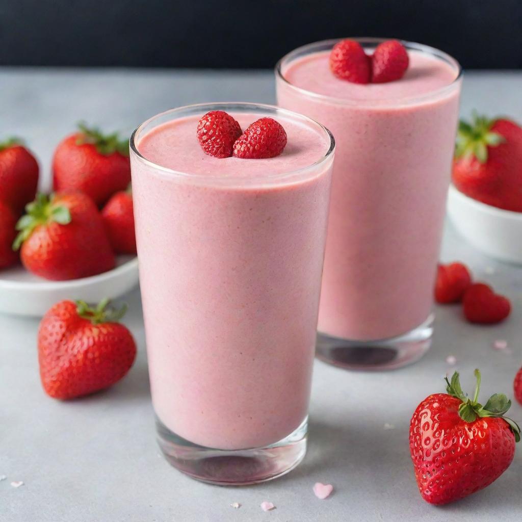 A delightful pink smoothie topped with whimsical edible hearts, conveying love and health