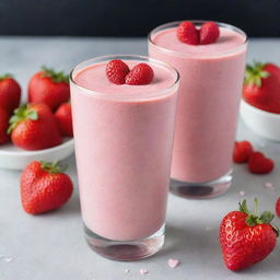 A delightful pink smoothie topped with whimsical edible hearts, conveying love and health