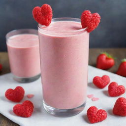 A delightful pink smoothie topped with whimsical edible hearts, conveying love and health