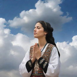 A peaceful vision of a woman in traditional clothing devoutly praying, surrounded by a mystical cloud, with symbolic elements of the Palestinian culture subtly incorporated.