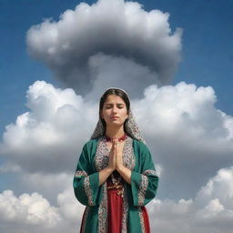 A peaceful vision of a woman in traditional clothing devoutly praying, surrounded by a mystical cloud, with symbolic elements of the Palestinian culture subtly incorporated.