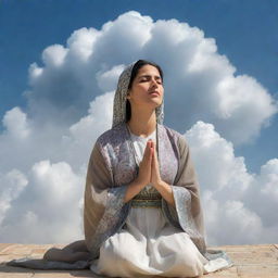 A peaceful vision of a woman in traditional clothing devoutly praying, surrounded by a mystical cloud, with symbolic elements of the Palestinian culture subtly incorporated.