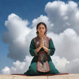 A peaceful vision of a woman in traditional clothing devoutly praying, surrounded by a mystical cloud, with symbolic elements of the Palestinian culture subtly incorporated.