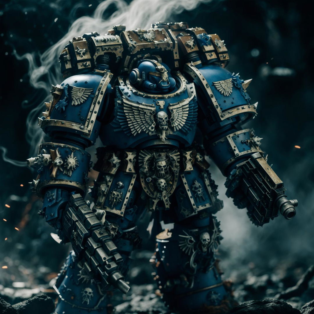 A colossal Space Marine from Warhammer 40K in blue and gold power armor adorned with Ultramarines symbols wields a Bolter gun on a smoky battlefield.