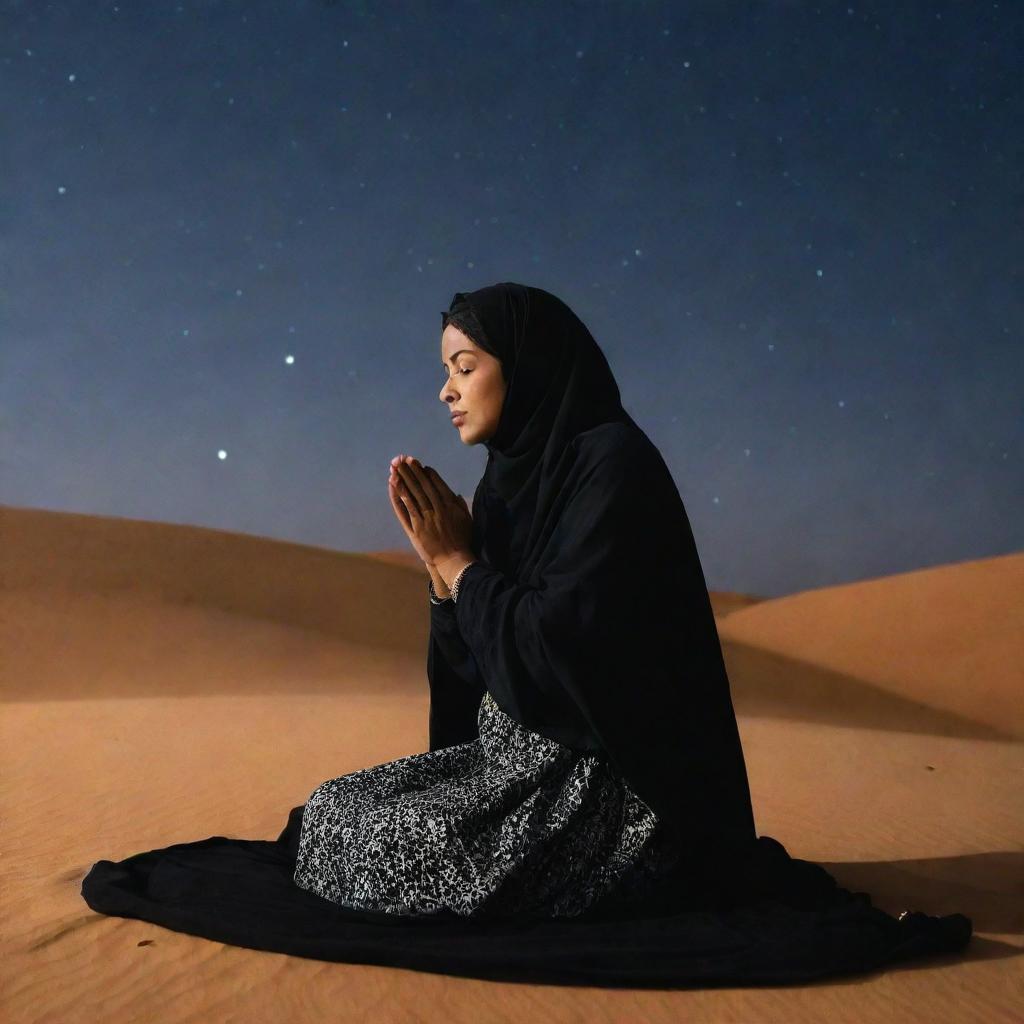 A Muslim woman draped in traditional attire, engaged in prayer under the starlit sky of the Sahara Desert, shrouded in solemn darkness.