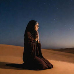 A Muslim woman draped in traditional attire, engaged in prayer under the starlit sky of the Sahara Desert, shrouded in solemn darkness.