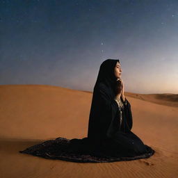 A Muslim woman draped in traditional attire, engaged in prayer under the starlit sky of the Sahara Desert, shrouded in solemn darkness.