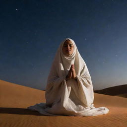 A Muslim woman draped in traditional attire, engaged in prayer under the starlit sky of the Sahara Desert, shrouded in solemn darkness.