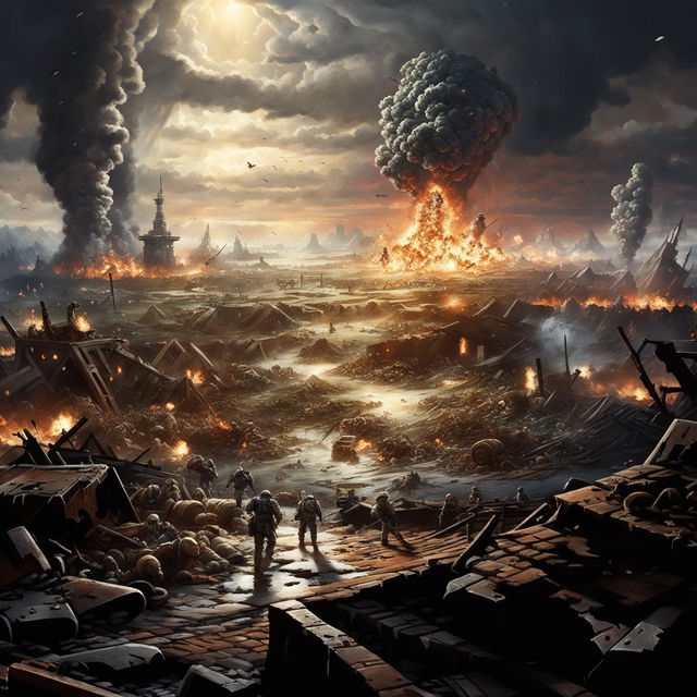 Adjust the image to include a background, a war-torn battlefield stretches with smoldering ruins and scattered debris. Explosions light up the distant horizon, casting an ominous glow. Damaged war machines and fallen soldiers of various factions are strewn across the landscape.