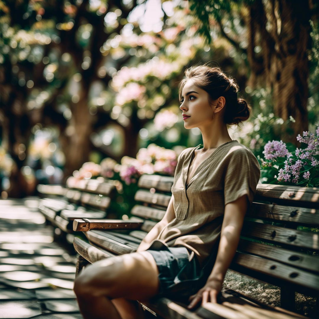 Ultra-realistic photograph of a woman sitting on a park bench, captured with a Sony α7 III camera and an 85mm lens at F 1.2 aperture setting in high resolution and 16:9 aspect ratio.