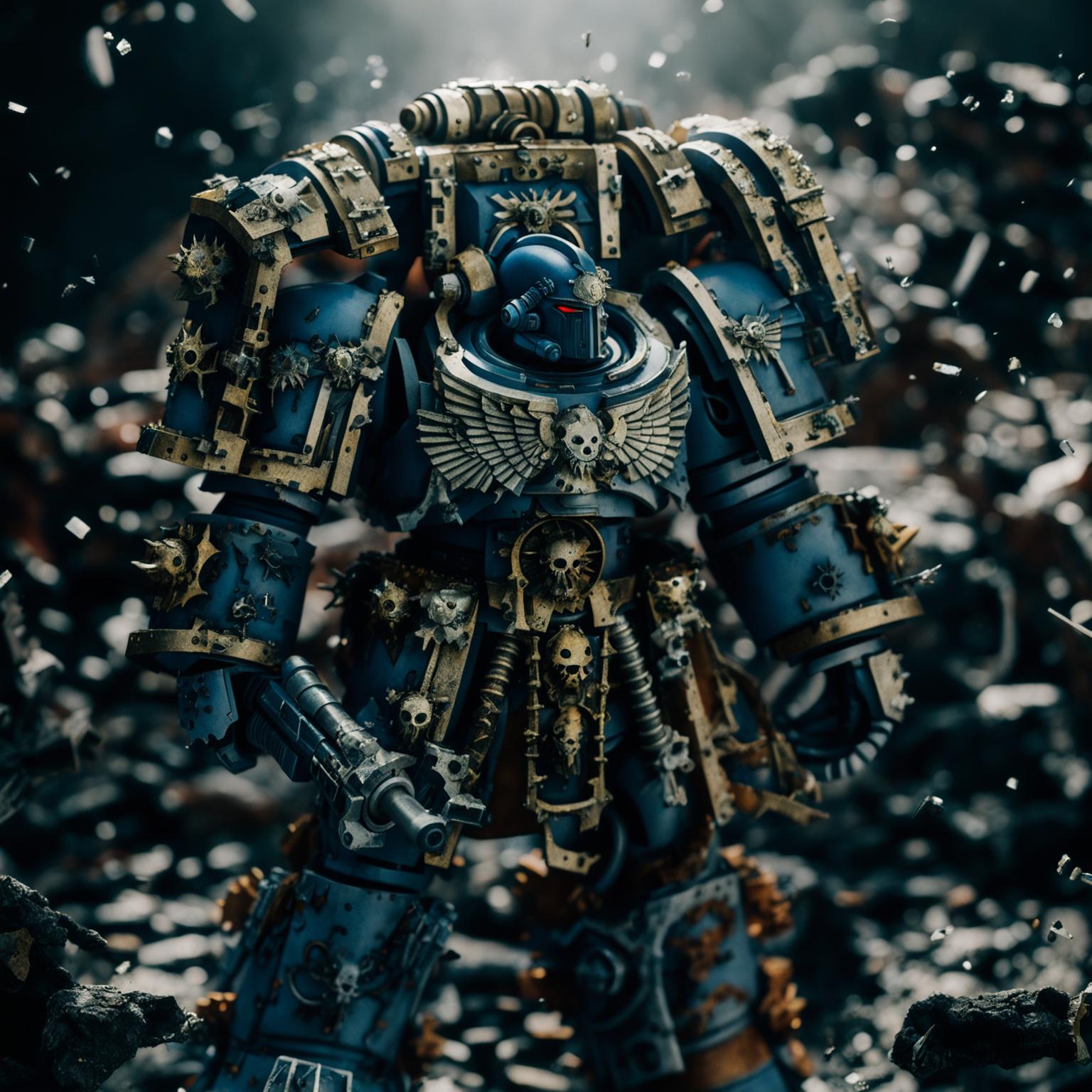 A colossal Space Marine from Warhammer 40K stands amidst a war-torn battlefield, his blue and gold power armor gleaming under the ominous glow of distant explosions.