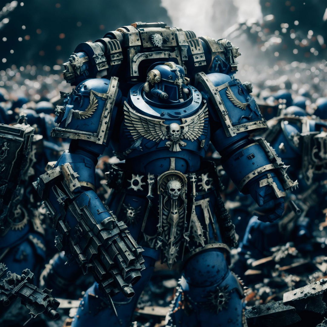 A Space Marine from Warhammer 40K, adorned with Ultramarines symbols, stands as a symbol of the Imperium's might amidst a war-torn battlefield lit by distant explosions.