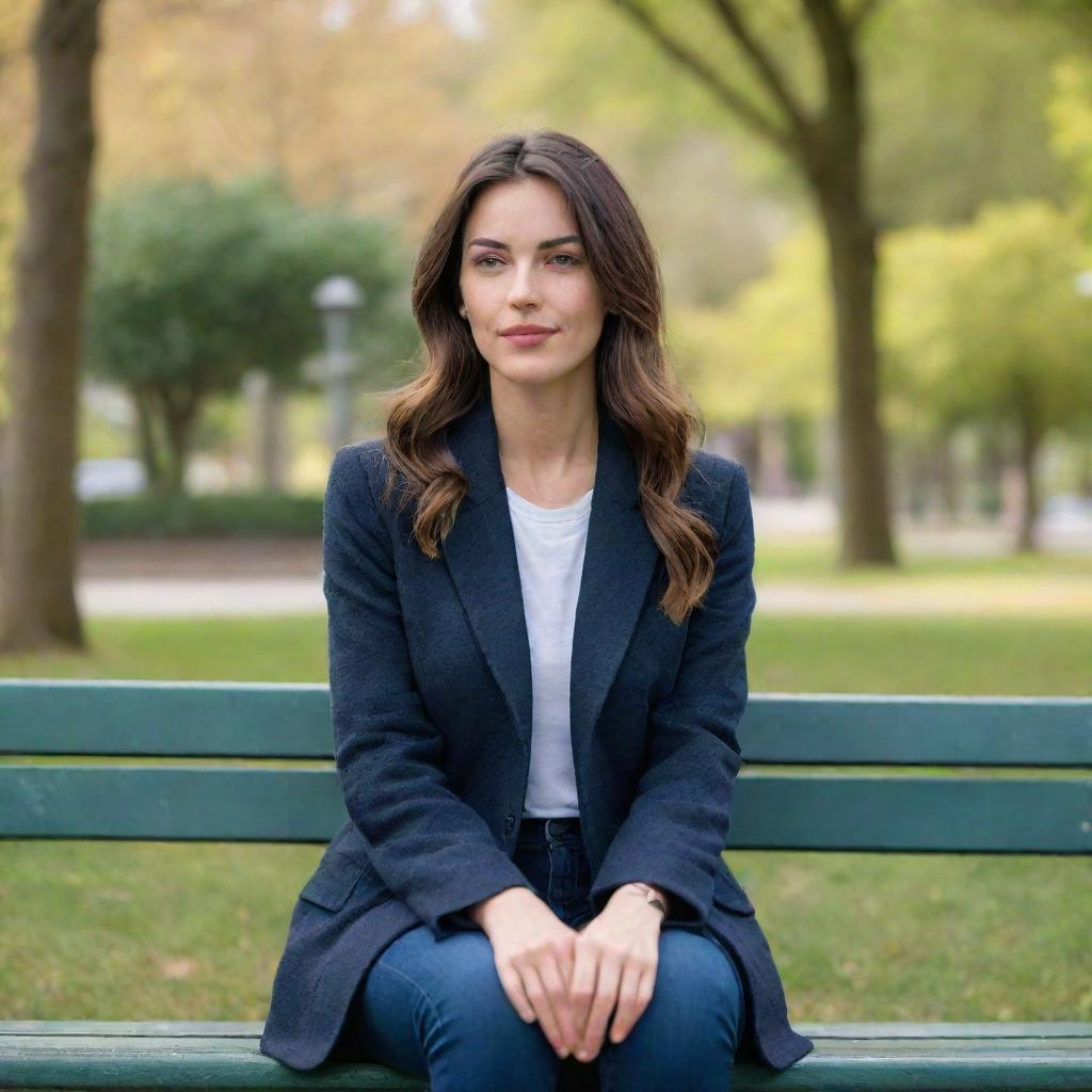 Ultra-realistic photograph of a woman sitting on a park bench, captured with a Sony α7 III camera and an 85mm lens at F 1.2 aperture setting in high resolution and 16:9 aspect ratio.