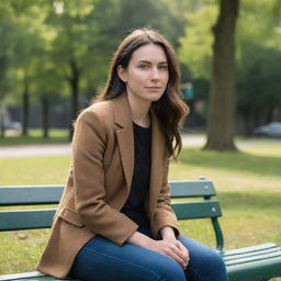 Ultra-realistic photograph of a woman sitting on a park bench, captured with a Sony α7 III camera and an 85mm lens at F 1.2 aperture setting in high resolution and 16:9 aspect ratio.