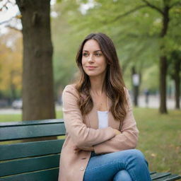 Ultra-realistic photograph of a woman sitting on a park bench, captured with a Sony α7 III camera and an 85mm lens at F 1.2 aperture setting in high resolution and 16:9 aspect ratio.