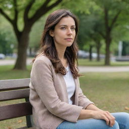 Ultra-realistic photograph of a woman sitting on a park bench, captured with a Sony α7 III camera and an 85mm lens at F 1.2 aperture setting in high resolution and 16:9 aspect ratio.