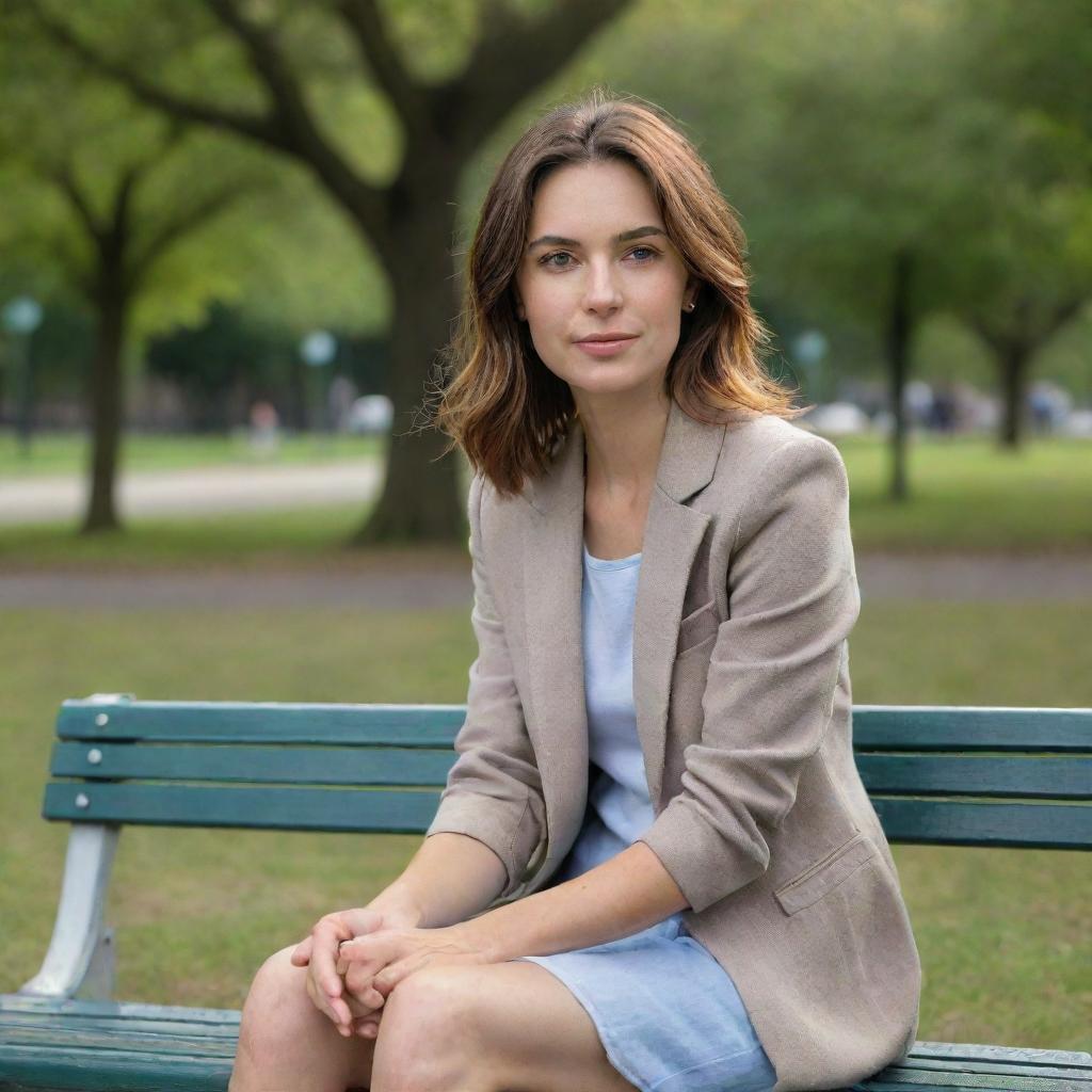 Ultra-realistic portrayal of a woman sitting on a park bench, captured as if shot using a Sony α7 III with an 85mm lens at F 1.2 aperture. The image, in high resolution and a 16:9 aspect ratio, should reveal the subject’s natural beauty with stunning realism.