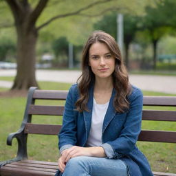 Ultra-realistic portrayal of a woman sitting on a park bench, captured as if shot using a Sony α7 III with an 85mm lens at F 1.2 aperture. The image, in high resolution and a 16:9 aspect ratio, should reveal the subject’s natural beauty with stunning realism.