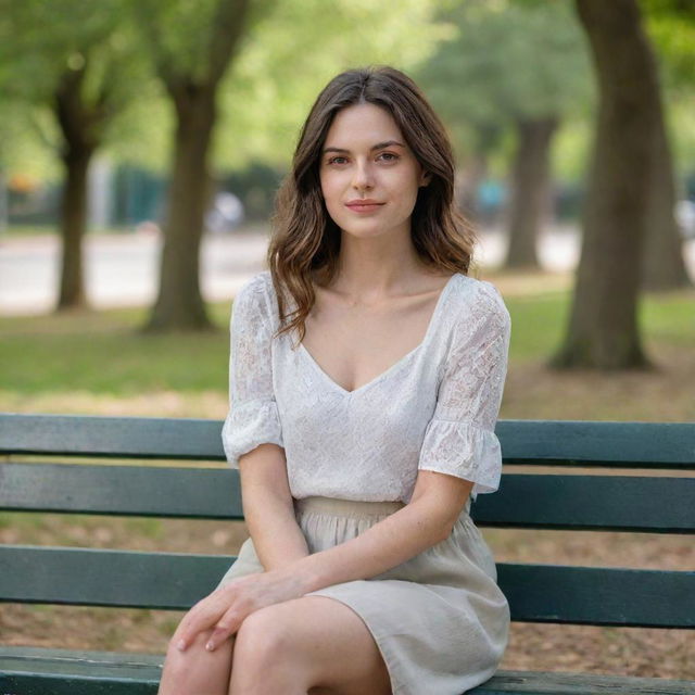 Ultra-realistic portrayal of a woman sitting on a park bench, captured as if shot using a Sony α7 III with an 85mm lens at F 1.2 aperture. The image, in high resolution and a 16:9 aspect ratio, should reveal the subject’s natural beauty with stunning realism.