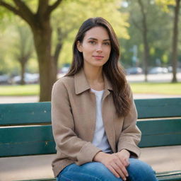 Ultra-realistic portrayal of a woman sitting on a park bench, captured as if shot using a Sony α7 III with an 85mm lens at F 1.2 aperture. The image, in high resolution and a 16:9 aspect ratio, should reveal the subject’s natural beauty with stunning realism.