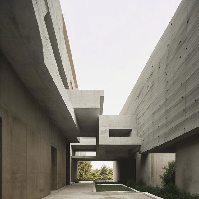 Brutalist monolith architecture, a lofty concrete structure devoid of ornamentation, emphasized by sharp angles and towering stature.