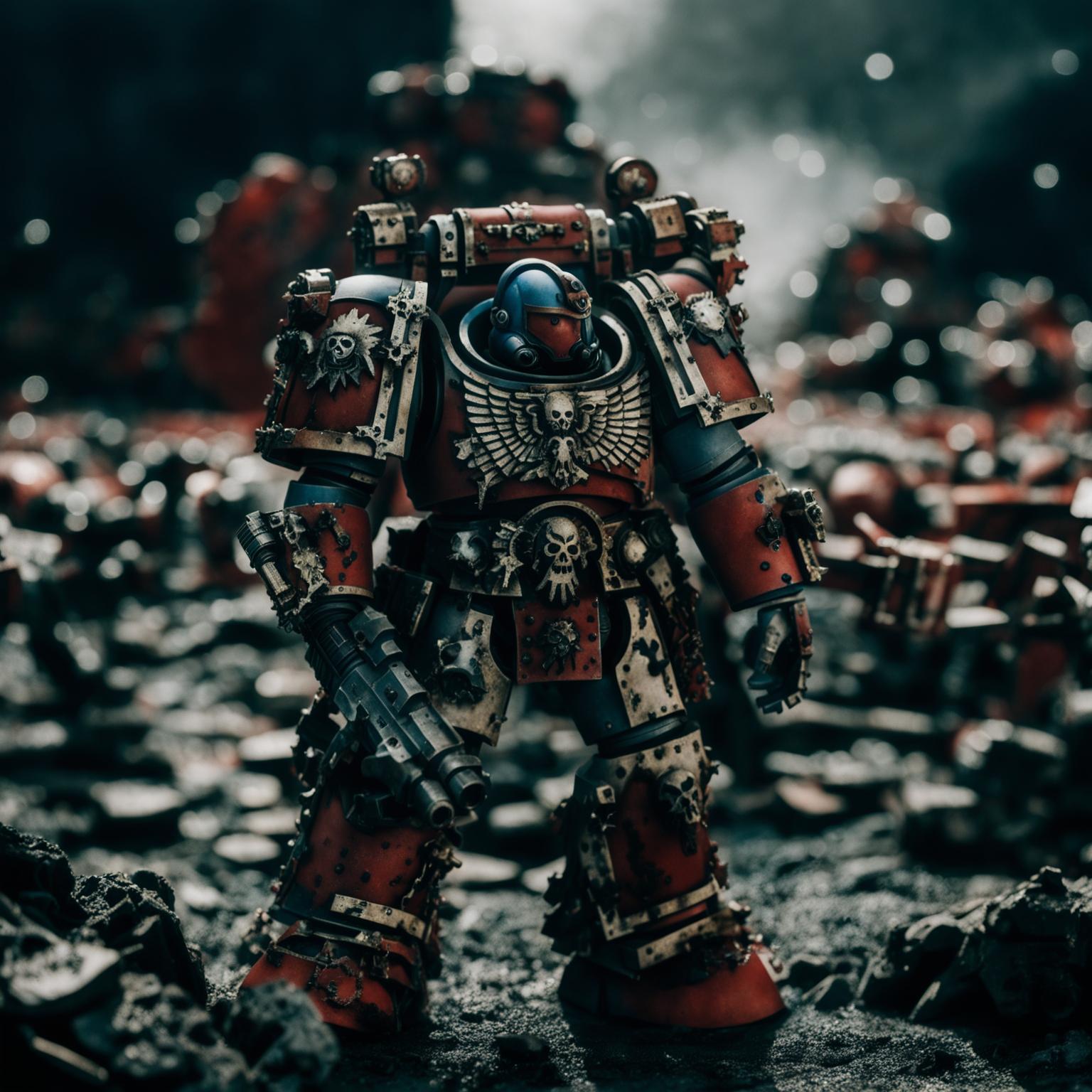 A distant Space Marine from Warhammer 40K, adorned with Ultramarines symbols, stands amidst a war-torn battlefield under the ominous glow of distant explosions.