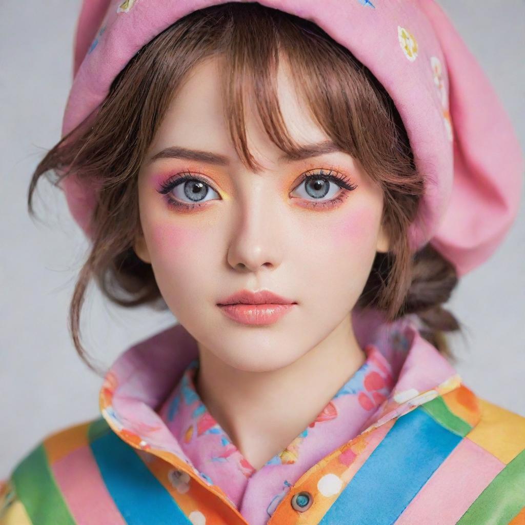 A finely crafted anime-style woman with bright eyes, wearing a colorful outfit