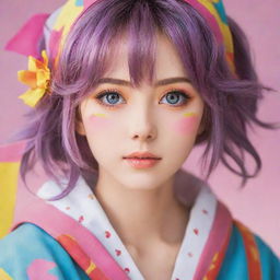 A finely crafted anime-style woman with bright eyes, wearing a colorful outfit