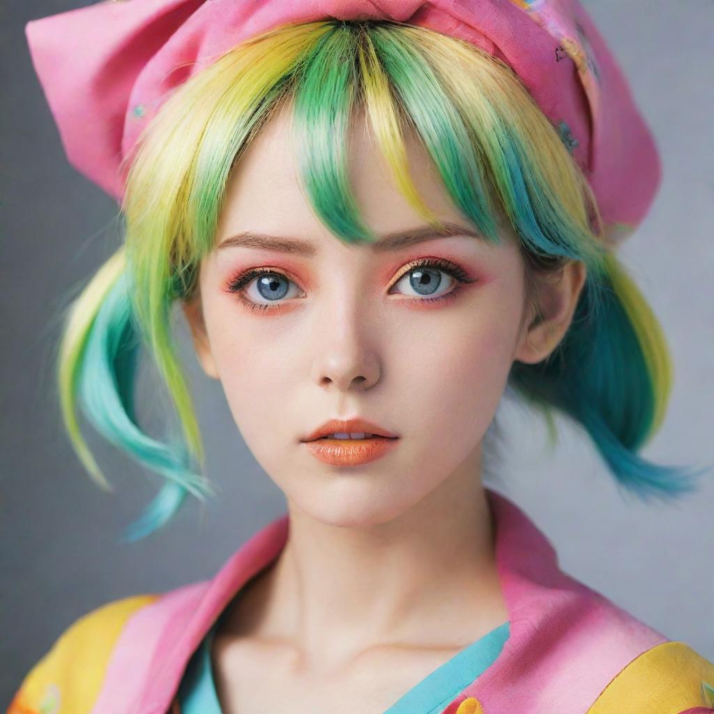 A finely crafted anime-style woman with bright eyes, wearing a colorful outfit