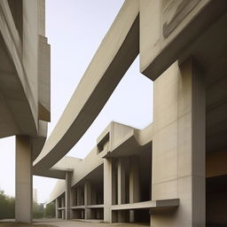 Brutalist monolith architecture, a lofty concrete structure devoid of ornamentation, emphasized by sharp angles and towering stature.