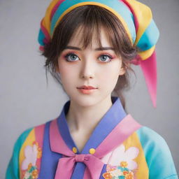 A finely crafted anime-style woman with bright eyes, wearing a colorful outfit