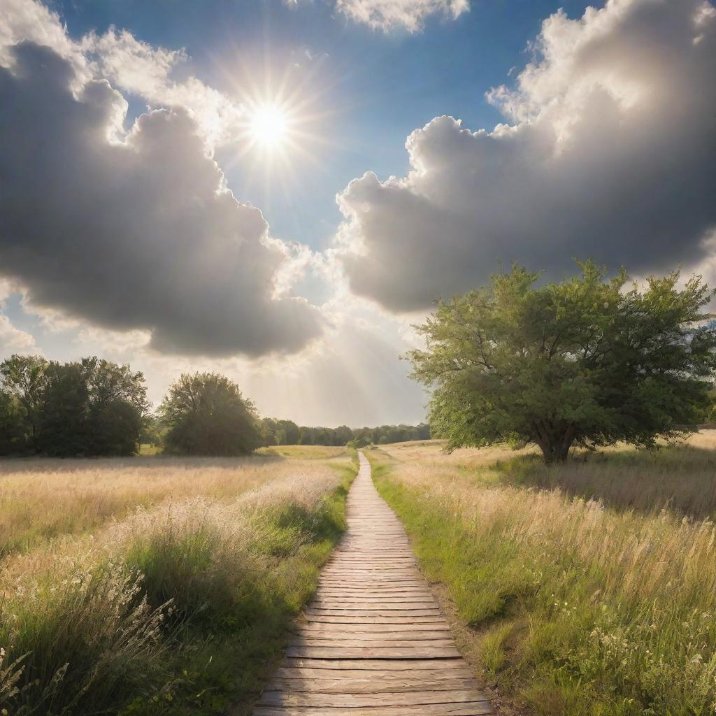 A serene path leading to the sky encompassed by ethereal clouds with beams of warm sunshine filtering through, symbolizing the way to heaven.