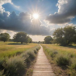 A serene path leading to the sky encompassed by ethereal clouds with beams of warm sunshine filtering through, symbolizing the way to heaven.