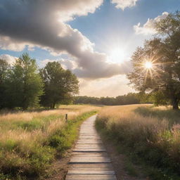 A serene path leading to the sky encompassed by ethereal clouds with beams of warm sunshine filtering through, symbolizing the way to heaven.