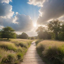 A serene path leading to the sky encompassed by ethereal clouds with beams of warm sunshine filtering through, symbolizing the way to heaven.