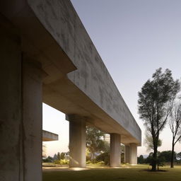 Brutalist monolith architecture, a lofty concrete structure devoid of ornamentation, emphasized by sharp angles and towering stature.