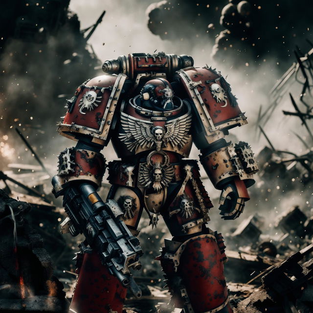 A Space Marine from Warhammer 40K Adorned with Ultramarines symbols, he embodies the Imperium's might among a war-torn battlefield stretches with smoldering ruins and scattered debris. Explosions light up the distant horizon, casting an ominous glow