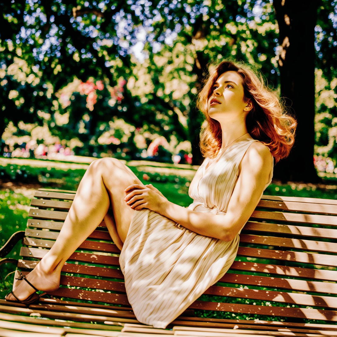 A radiant young woman sits on a park bench in a lush green park, bathed in sunlight and lost in thought.