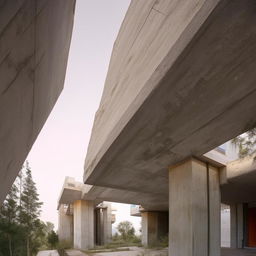 Brutalist monolith architecture, a lofty concrete structure devoid of ornamentation, emphasized by sharp angles and towering stature.