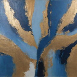 An abstract art piece featuring contrasting tones of blue and gold.