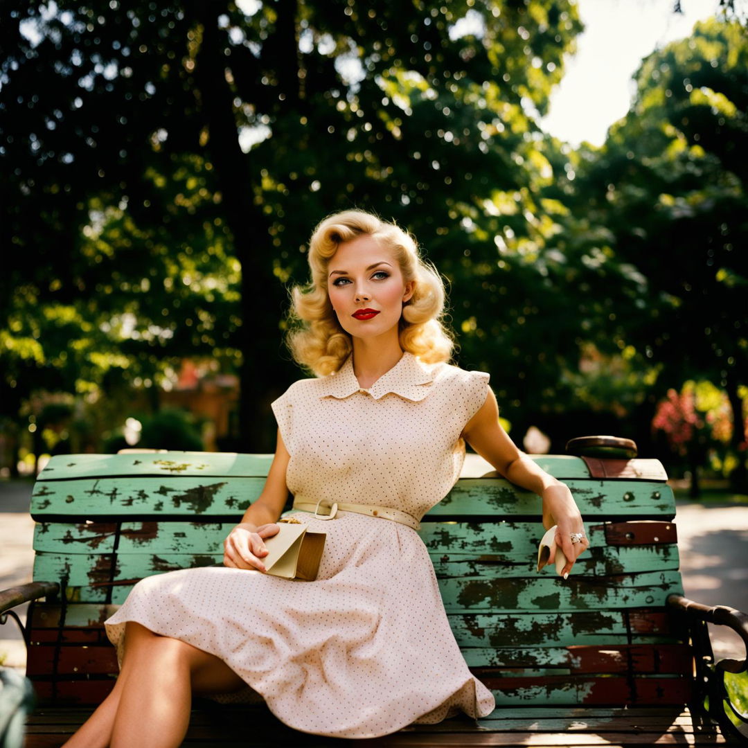 A blonde young woman in 1950s attire sits on a park bench in a lush green park, bathed in sunlight and lost in thought.