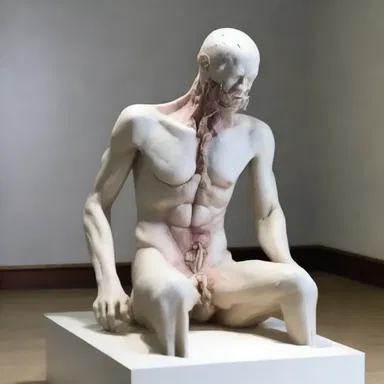The sculpture titled 'Emasculation' depicts a man undergoing orchiectomy, representing the loss of power and vulnerability associated with the procedure.