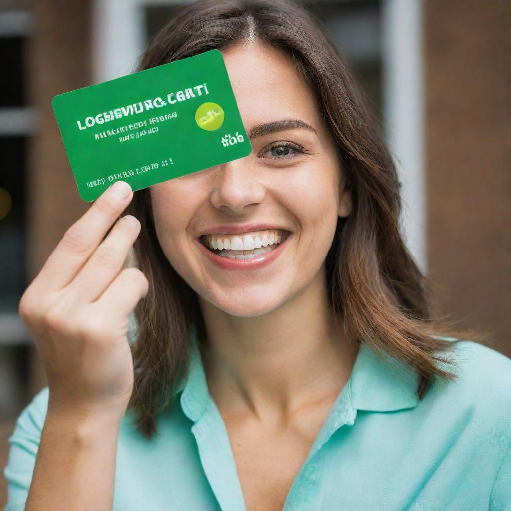 An enthusiastic person showcasing a vibrant green loyalty card, promoting benefits and rewards to prospective members