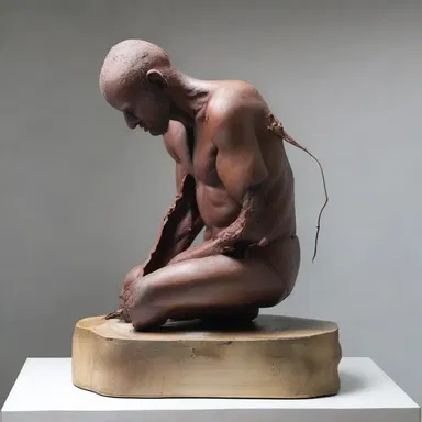 The sculpture titled 'Emasculation' depicts a man undergoing orchiectomy, representing the loss of power and vulnerability associated with the procedure.