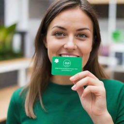 An enthusiastic person showcasing a vibrant green loyalty card, promoting benefits and rewards to prospective members