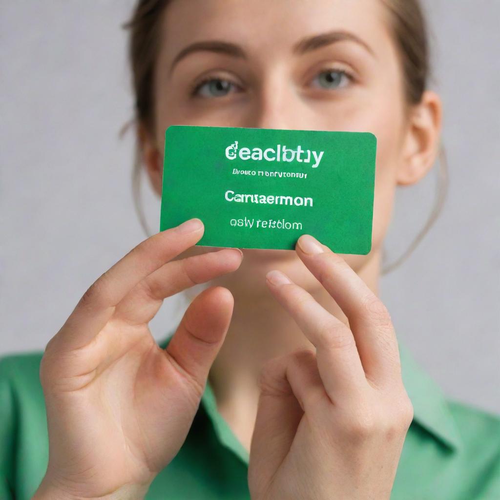 An enthusiastic person showcasing a vibrant green loyalty card, promoting benefits and rewards to prospective members